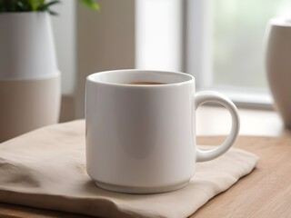A white coffee mug is placed on the table