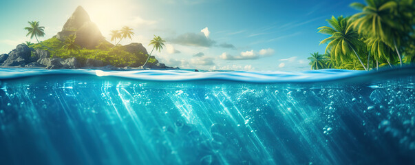 tropical island split view with vivid underwater life