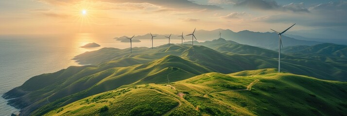 Situated above verdant hills are wind turbines.Generative Ai. - obrazy, fototapety, plakaty