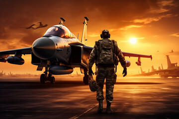 Military Aircraft Carrier with Fighter Jet and Pilot Ready for Dusk Operations. Ai generated