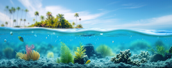 tropical island split view with vivid underwater life - obrazy, fototapety, plakaty