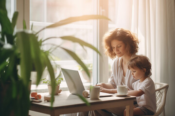 Mother working from home on her laptop while taking care of her child at home. Ai generated