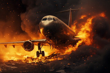 Plane Crash, Airplane crashing concept illustration. Plane crashing engulfed in flames and smoke. Ai generated