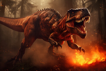 T Rex Dinosaur Screaming and Running in a Forest full of Fire and flames, Extinction event concept....