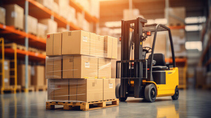 Yellow forklift loader pallet stacker truck equipment at warehouse. Ai generated