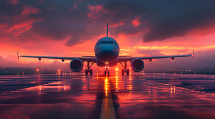 Backlit image of passenger airplane standing stationary on airport apron. Low evening sun creates a long shadow of aircraft silhouette on concrete surface