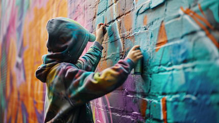 Fototapeta premium Young Kid in Hoodie and Hat Creates Vibrant Graffiti Magic on City Wall. Ai generated