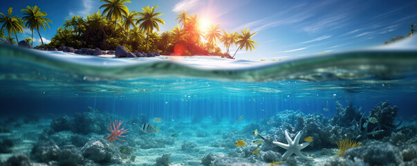 Fototapeta na wymiar tropical island split view with vivid underwater life