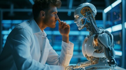 A scientist in a lab coat closely examining the intricate design of a humanoid robot's head, reflecting the future of artificial intelligence.