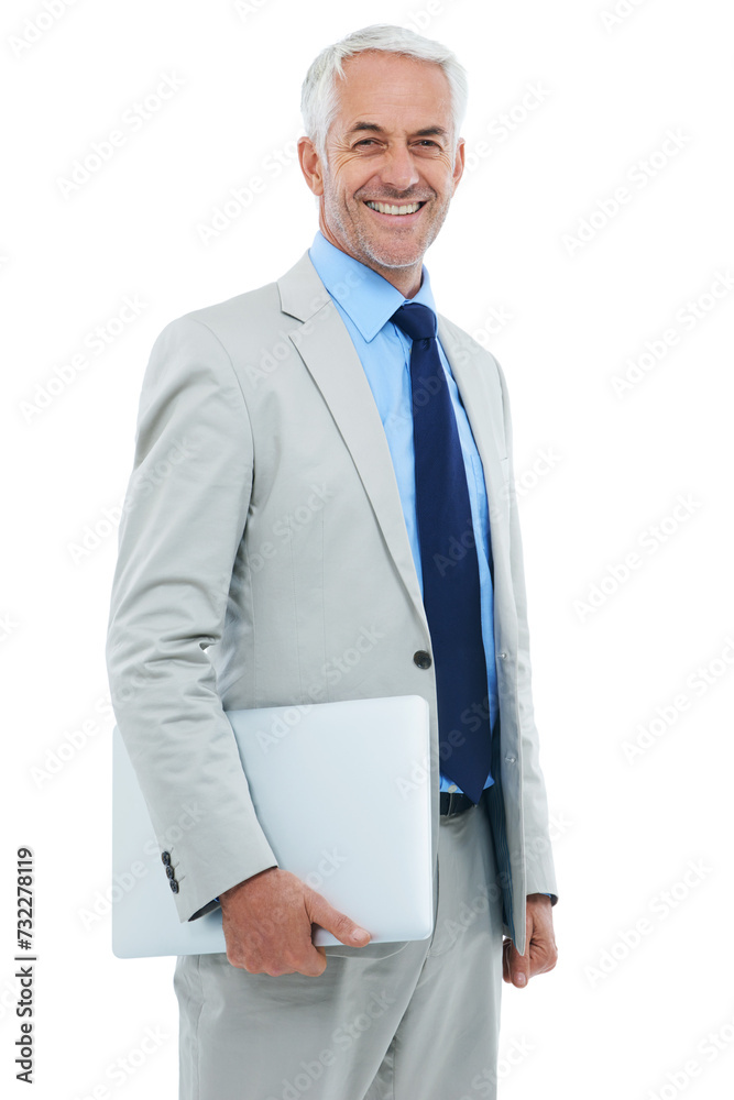 Poster CEO, portrait and happy businessman with laptop in studio isolated on a white background. Senior, manager and smile of professional on computer, lawyer and executive boss with technology in Canada