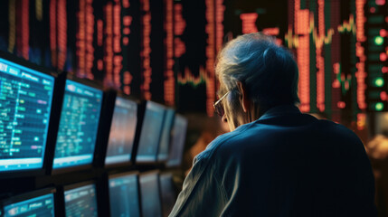 A stressed old man sees the stock market plummeting on the monitor screen