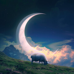 eid ul Adha Mubarak, happy Eid al Adha, sheep with moon in the background. herd of sheep with an Islamic background.
