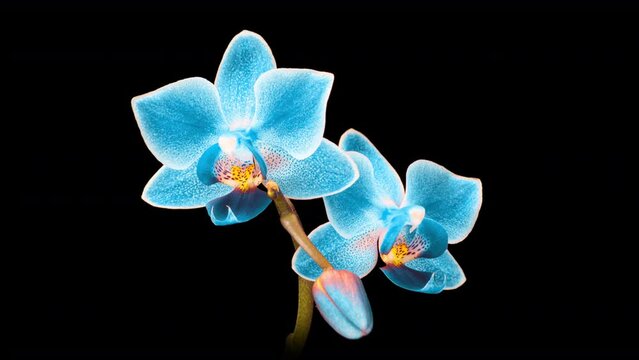 Blue phalaenopsis orchid flowers bloomed on a black background. Time lapse, close-up. Wedding background, Valentine's Day concept. Time Lapse.4k