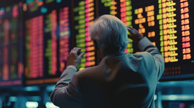 A stressed old man sees the stock market plummeting on the monitor screen