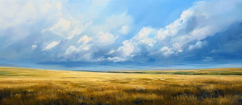 A mesmerizing painting capturing a grassy plain with a cloudy sky backdrop, exhibiting the beauty of the natural landscape and ecoregion.