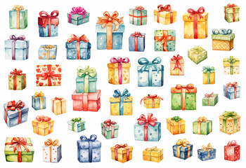 Watercolor illustration of isolated presents set collection on the white background	
