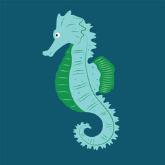 Fototapeta premium Green seahorse, turquoise background, cartoon style