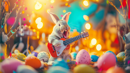Cute Easter bunny playing electric guitar and screaming a song on stage as a rock star. Creative party holiday concept