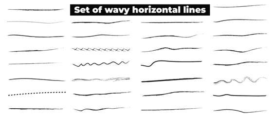 Set of wavy horizontal lines. Marker hand-drawn line border set and scribble design elements. Lines hand drawn paint brush stroke. Vector set isolated on white. Hand drawn scribble. Black 5 8 9 - obrazy, fototapety, plakaty