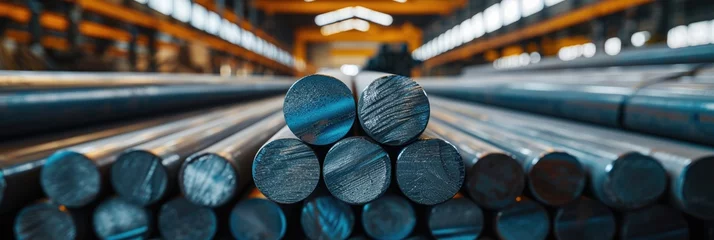 Foto op Plexiglas Steel round bar rows at a warehouse. Generative Ai. © Planum