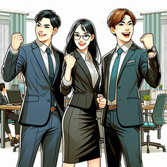 オフィスにてガッツポーズをする男性2人とスタッフと女性スタッフ1人