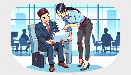 オフィスにてパソコン操作を指導するマネージャー