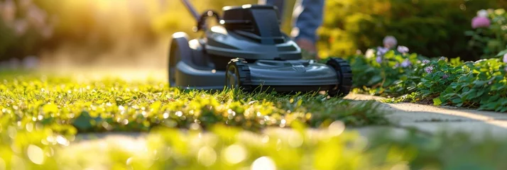 Poster A electric cordless mower is used by a gardener. Generative Ai. © Planum
