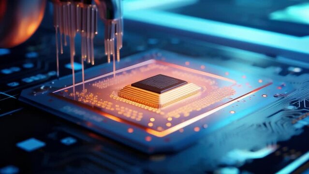 closeup shot of a semiconductor chip being coated with a protective layer in a semiconductor manufacturing facility. 