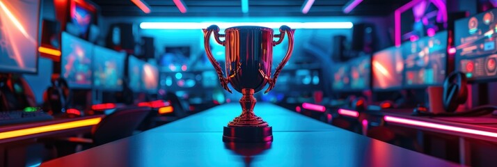 The trophy for the esports champion is shown on stage. Generative Ai. - obrazy, fototapety, plakaty