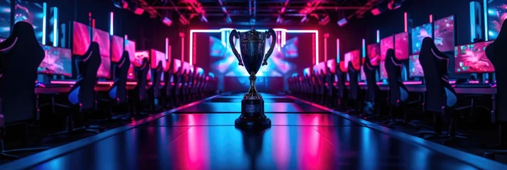 Fotobehang The trophy for the esports champion is shown on stage. Generative Ai. © Planum