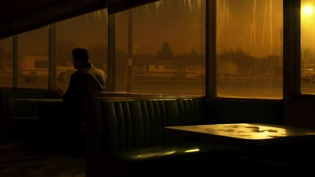 A single figure sits alone in a dimly lit diner gazing longingly through a window at a slow moving world far outside their current