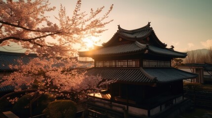 japanese temple at sunset. Generative AI