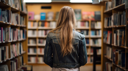 Rear view of woman standing in front of bookshelf searching for information in library.