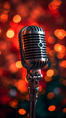 a vintage microphone in front of bokeh background, in the style of light red and silver