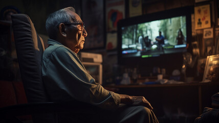 家でテレビを見るアジア人高齢男性