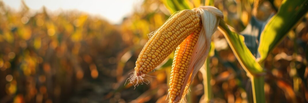 Corn cobs amid a field of corn plantations. Generative Ai.