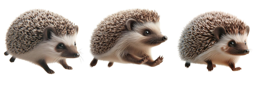 Three hedgehogs running forward, isolated, transparent background.