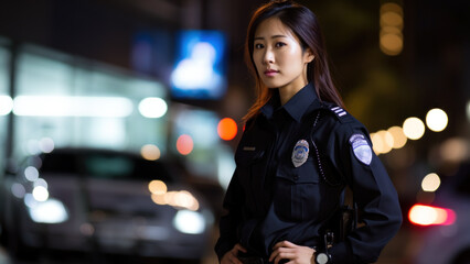 Asian woman police officer against the backdrop of the night city.