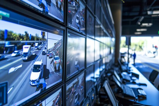 The central command center for traffic control with numerous traffic camera feeds