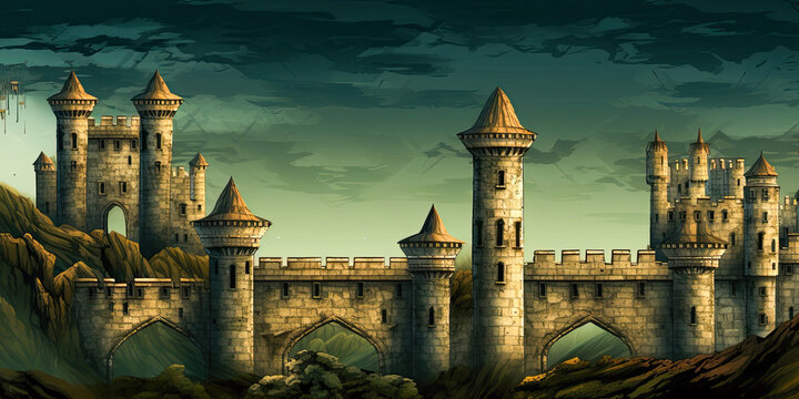 Cartoon castle, video game castles level scrolling platform, retro vintage gaming backdrop illustration, computer graphics, generated ai