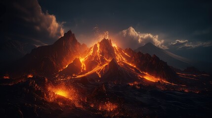 A fiery flowing volcano. Generative AI - obrazy, fototapety, plakaty