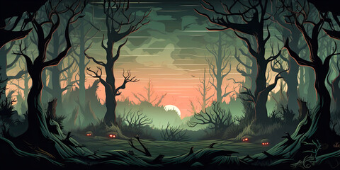 Cartoon spooky forest, scary woods graphic resource, retro vintage gaming backdrop illustration, computer graphics, generated ai