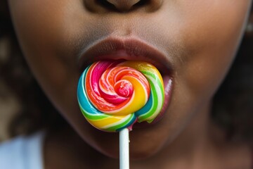 Close-up of a young girl’s mouth biting into a spiral lollipop