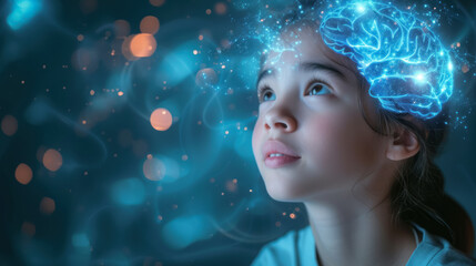 A young girl gazes upward, lost in thought, with a digital illustration of a glowing brain representing imagination and ideas.