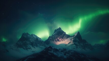Snowy mountains with aurora lights. Generative AI - obrazy, fototapety, plakaty