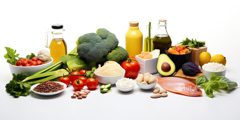 Healthy food, diet vegetarian foods on white background displaying dieting options, generated ai