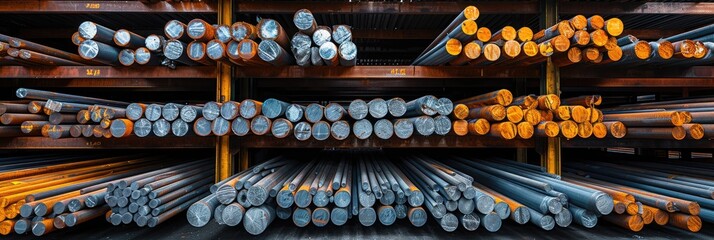 Steel round bar rows at a warehouse. Generative Ai. - obrazy, fototapety, plakaty