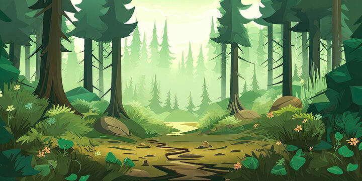 Video game forest background, cartoon forests, retro vintage gaming backdrop illustration, computer graphics, trees backdrop generated ai
