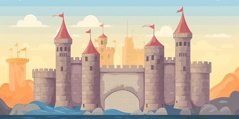Cartoon castle, video game castles level scrolling platform, retro vintage gaming backdrop illustration, computer graphics, generated ai