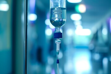 A functioning IV drip suspended from a pole in a hospital - obrazy, fototapety, plakaty